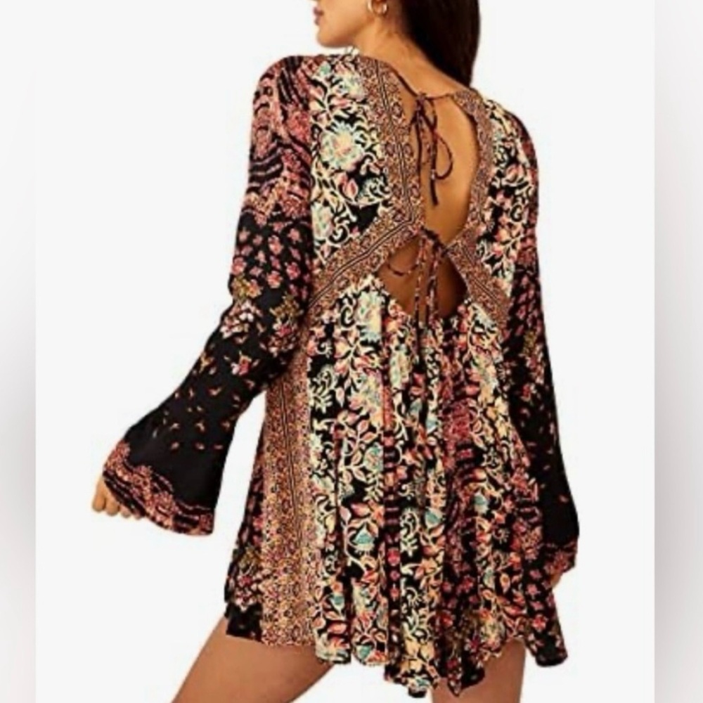 Free People Black Floral Patchwork Mini Dress - Picture 3 of 14